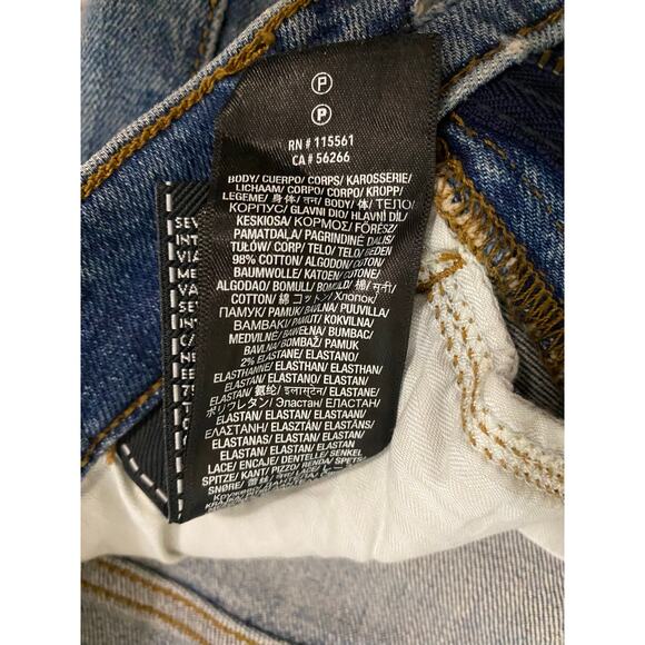 7 For All Mankind Cropped Alexa Jeans 26 Blue Denim Black Velvet Floral Appliqué - Picture 11 of 12